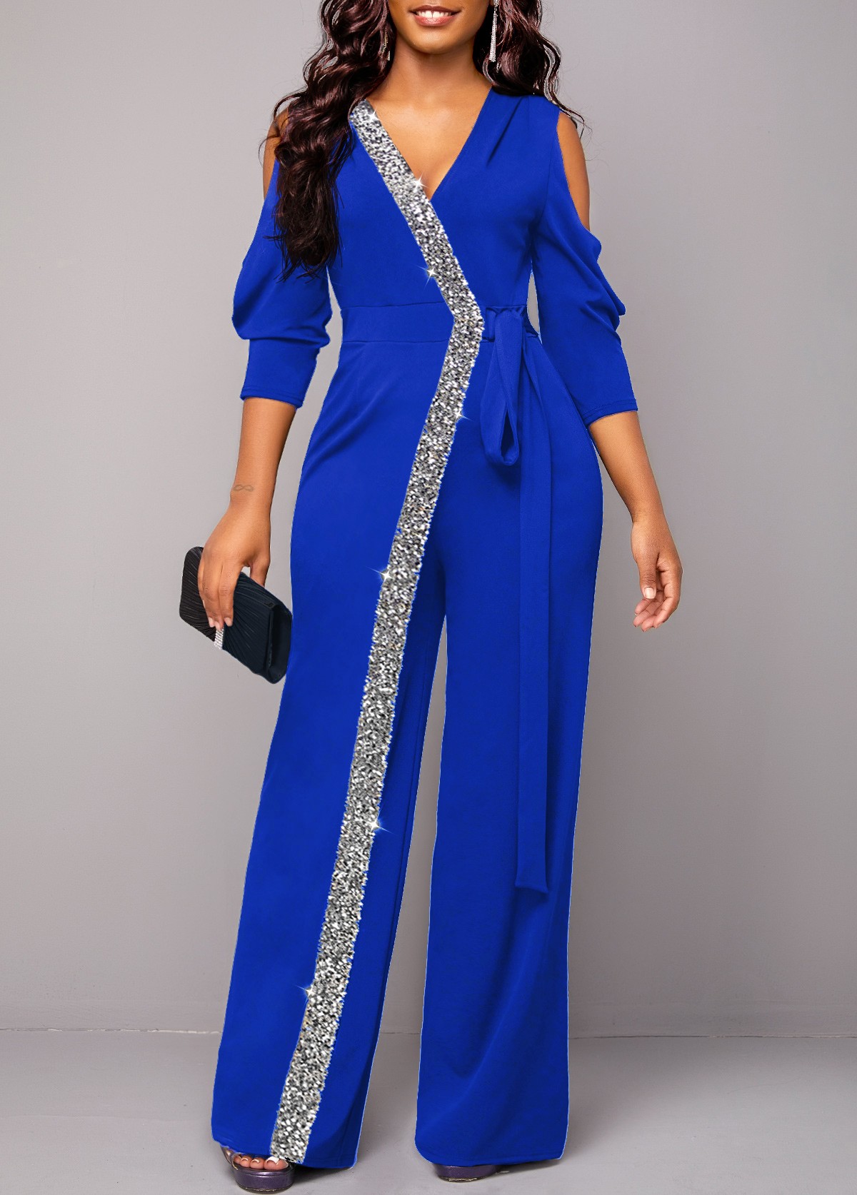 Royal Blue V Neck Sequin Jumpsuit | picture 