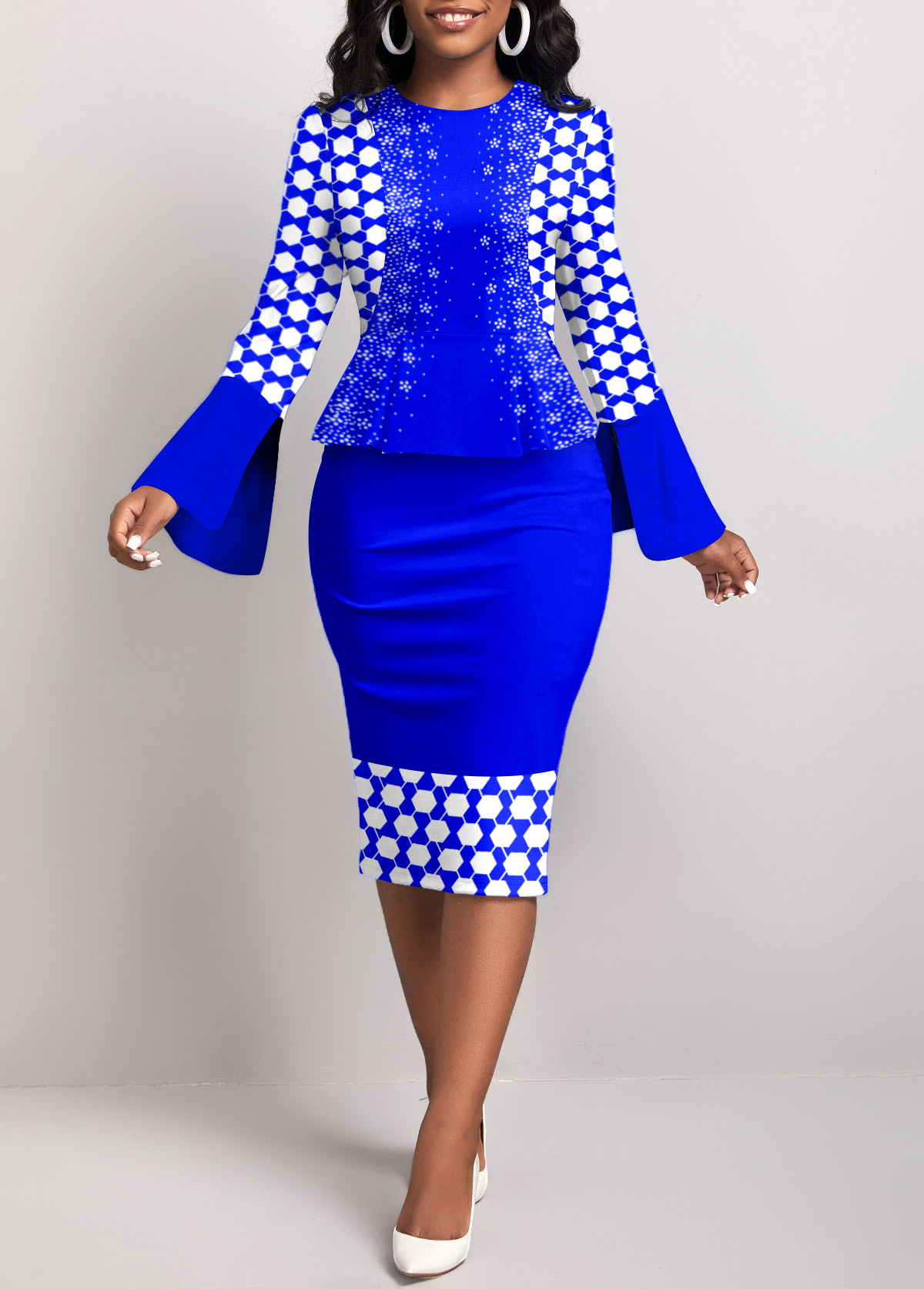 Royal Blue Fake 2in1 Geometric Print Bodycon Dress