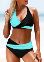 Patchwork Mid Waisted Cyan Bikini Set