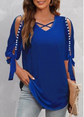 Pearl Design Cold Shoulder Dark Blue T Shirt