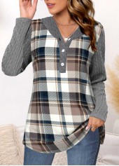 Grey Twisted Tartan Print Long Sleeve Hoodie