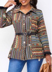 Multi Color Button Tribal Print Belted Coat