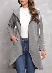 Grey Zipper Long Sleeve Hooded Coat
