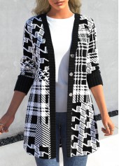 Black Button Geometric Print Long Sleeve Coat
