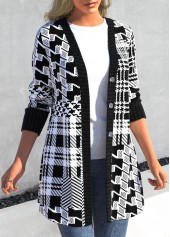 Black Button Geometric Print Long Sleeve Coat