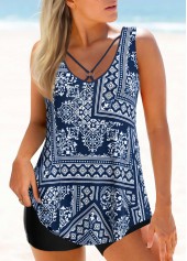 Metal Ring Patchwork Navy Tankini Top