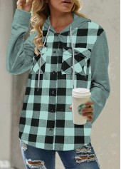 Mint Green Pocket Plaid Long Sleeve Hoodie | thumb picture 
