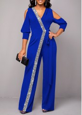 Royal Blue V Neck Sequin Jumpsuit