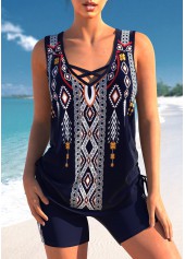 Criss Cross Tribal Print Navy Tankini Top-No Bottom | picture 1