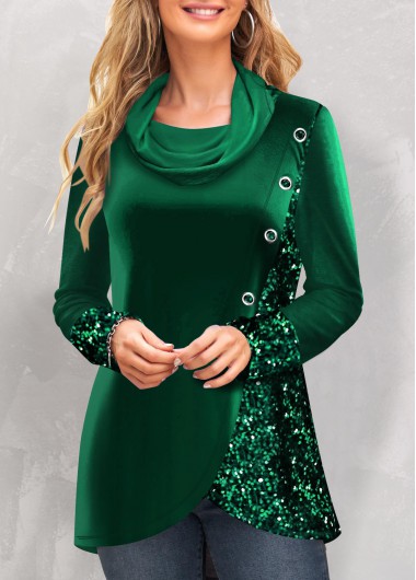 Modlily Blackish Green Sequin Long Sleeve Cowl Neck Sweatshirt - S