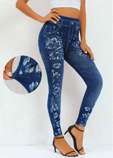 Modlily Navy Floral Print High Waisted Ankle Length Leggings - M