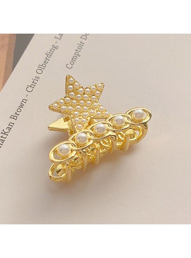 Modlily Golden Star Design Pearl Detail Barrette - One Size