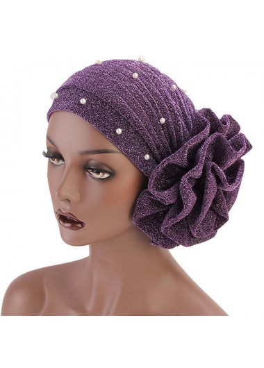 Modlily Violet Pearl Flower Desin Turban Hat - One Size