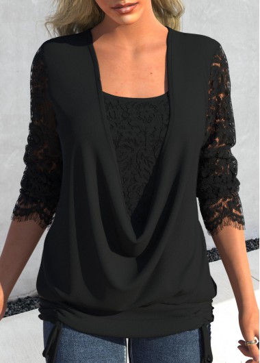 Black Lace Long Sleeve Square Neck T Shirt | modlily.com - USD 34.98