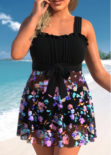 Modlily Plus Size Frill Black Floral Print Swimdress Top - 1X