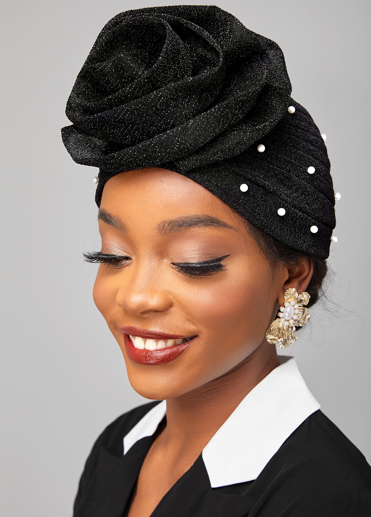 Black Floral Design Pearl Turban Hat