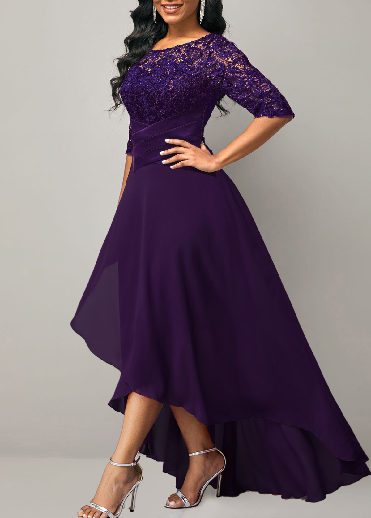 Purple Lace Patchwork Half Sleeve Dress