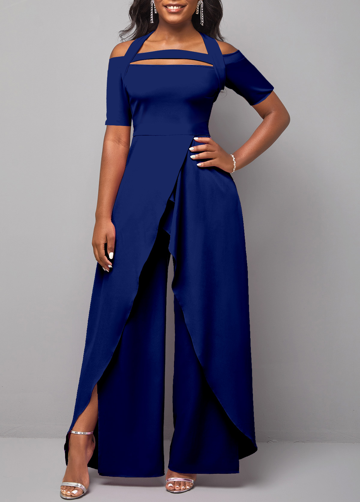 Navy Short Sleeve Halter Cold Shoulder Jumpsuit USD 36.98