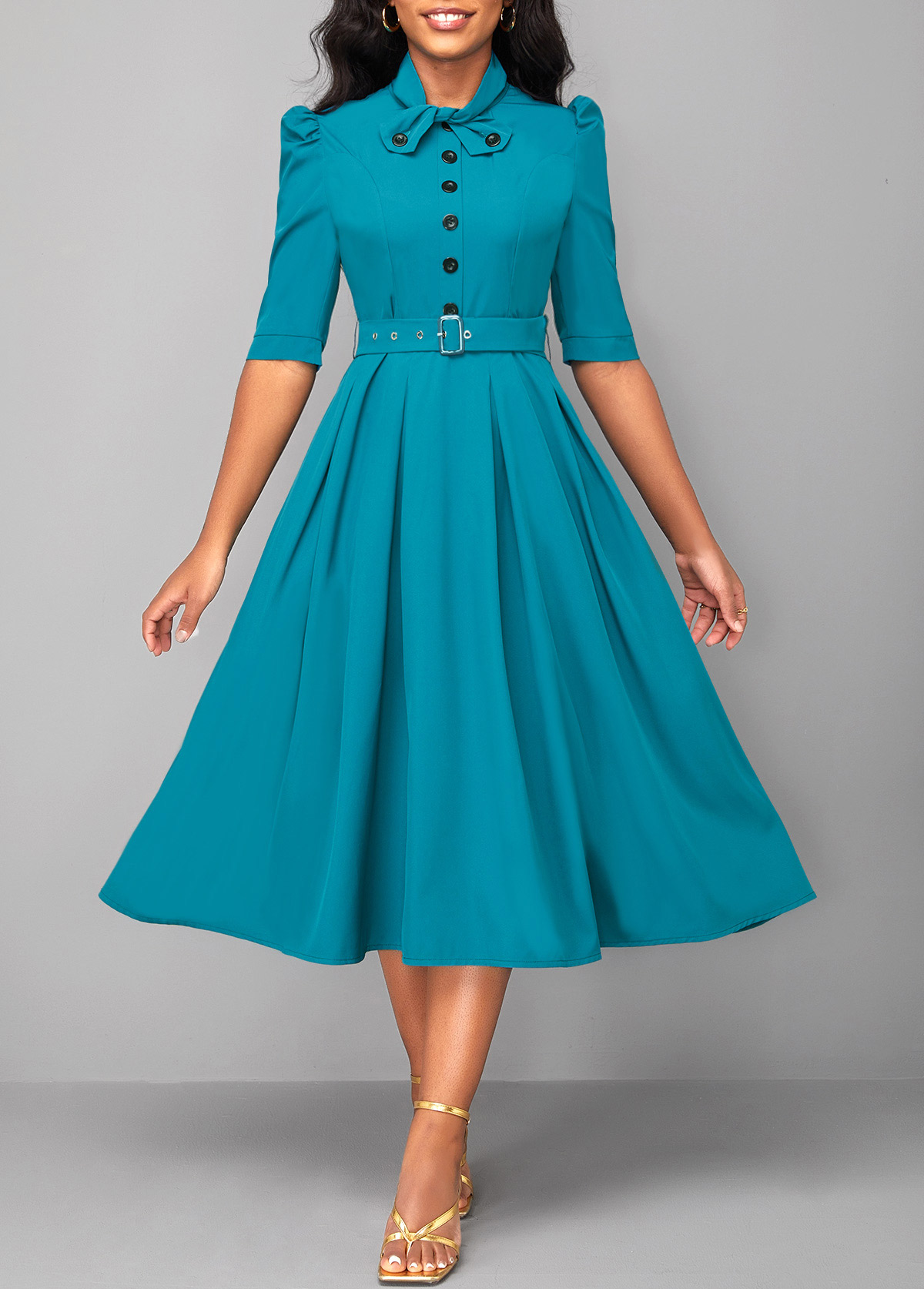 Turquoise Tie Belted Half Sleeve Dress