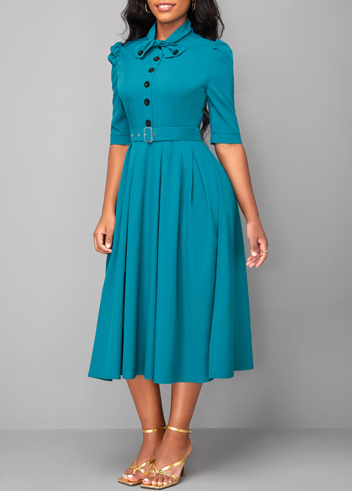 Turquoise Tie Belted Half Sleeve Dress