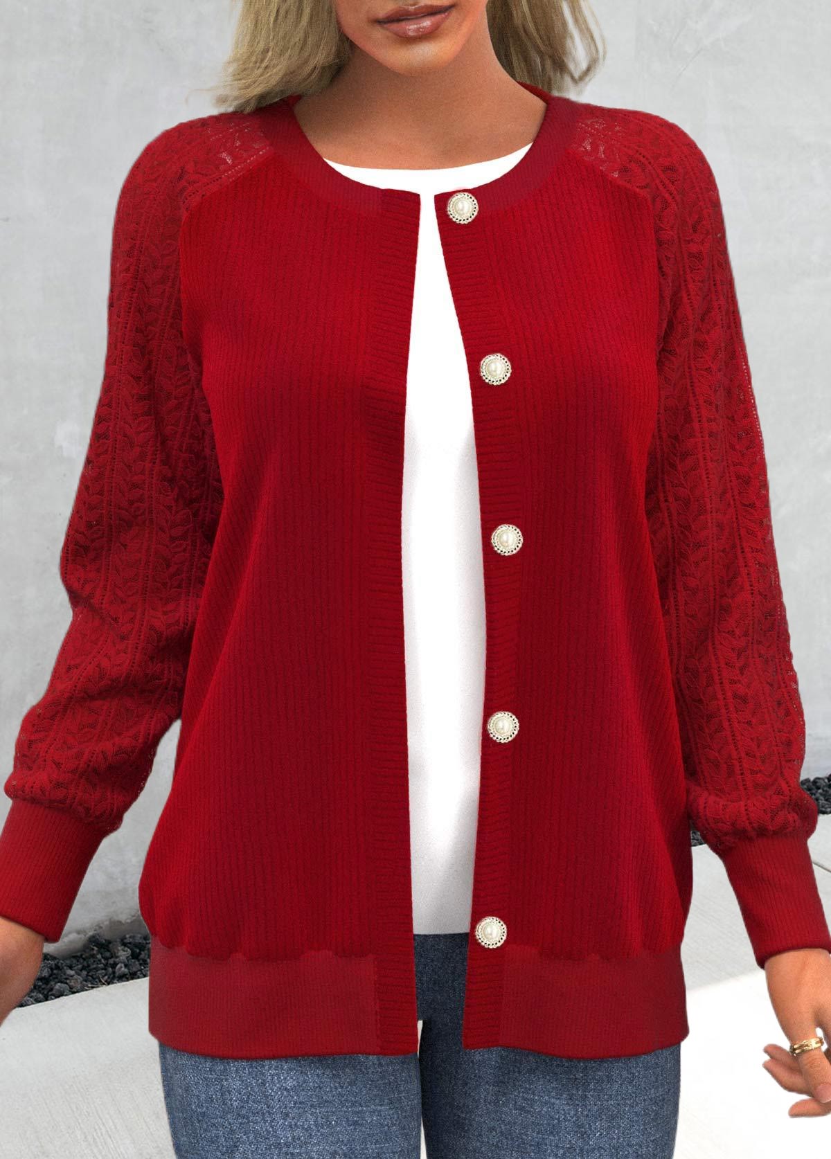 Red Lace Panel Button Up Round Neck Cardigan