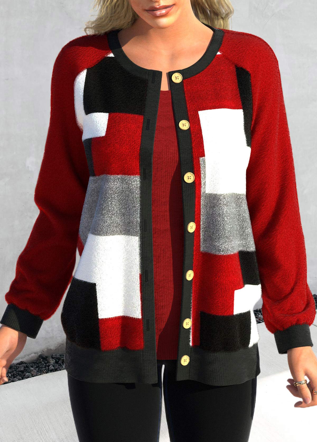 Red Patchwork Long Sleeve Button Up Cardigan