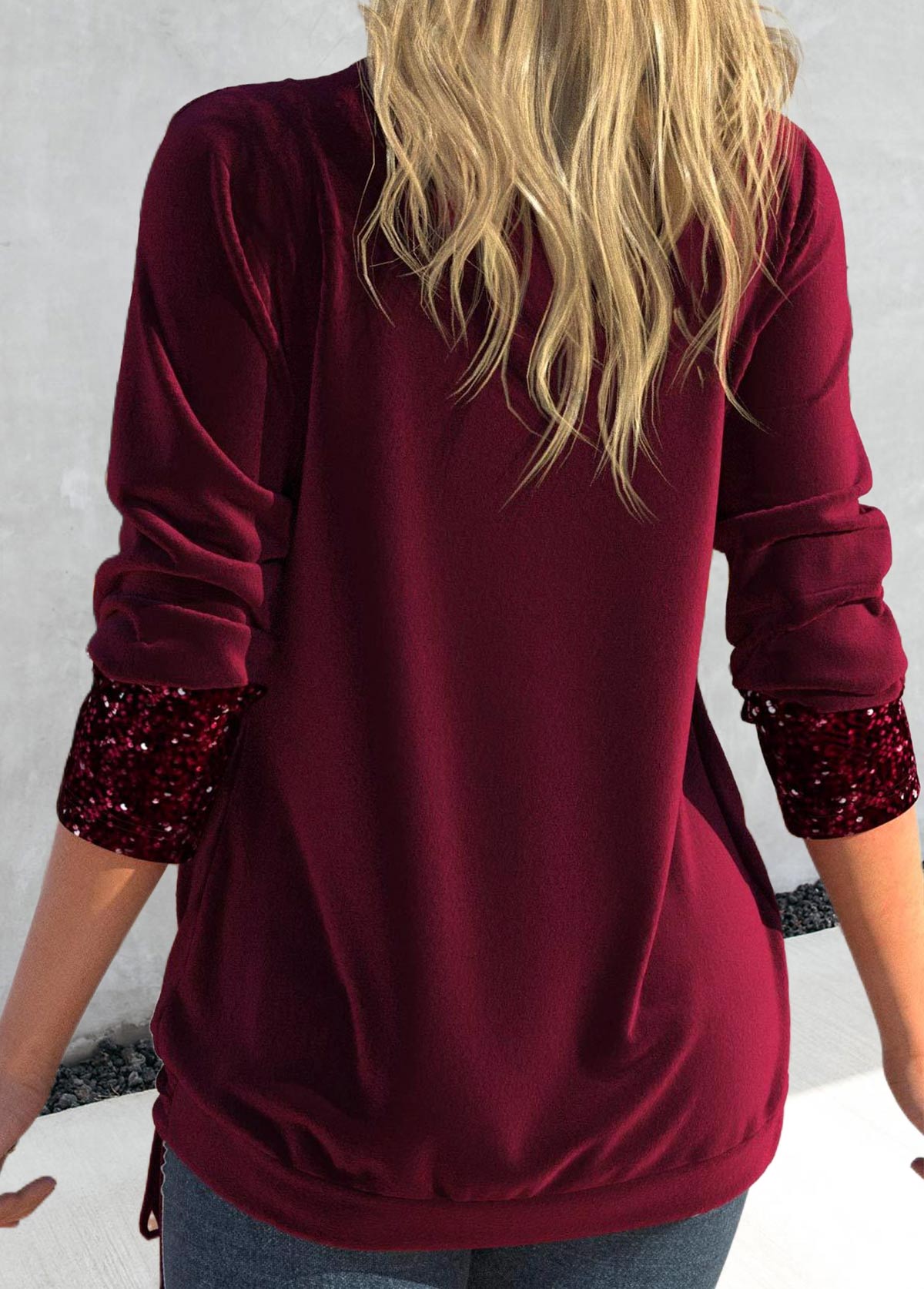 Plus Size Wine Red Sequin Long Sleeve T Shirt