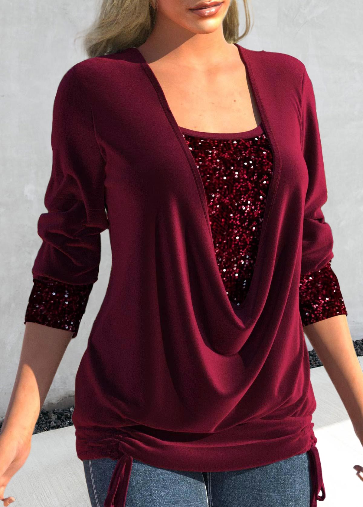 Wine Red Sequin Long Sleeve T Shirt