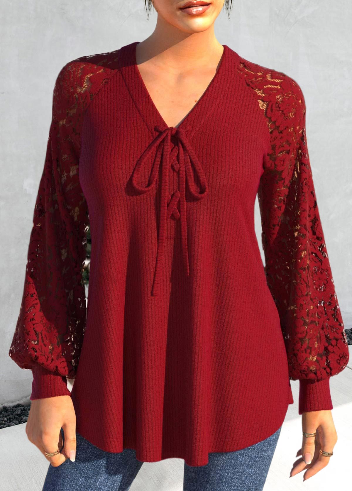 Red Lace Long Sleeve V Neck Blouse | modlily.com - USD 34.98