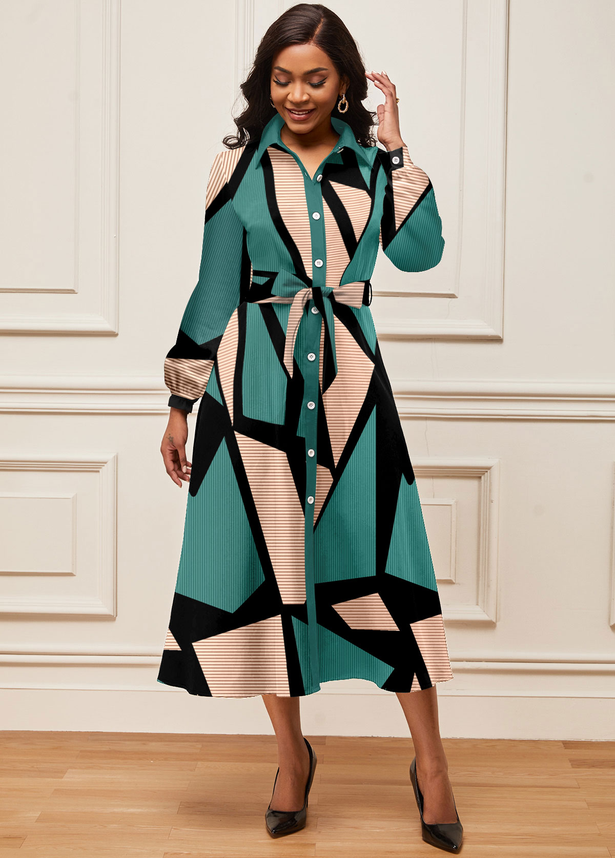 Turquoise Button Geometric Print Belted Long Sleeve Dress