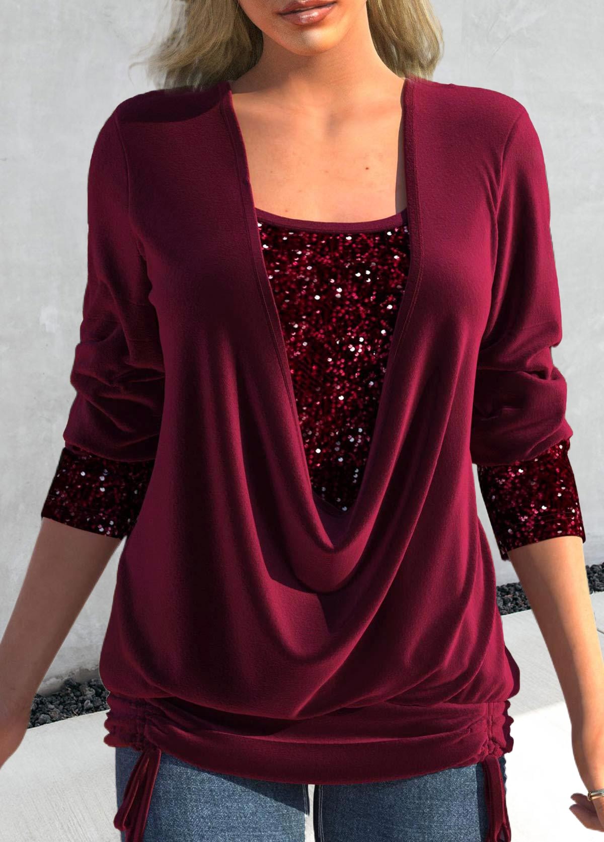 Plus Size Wine Red Sequin Long Sleeve T Shirt