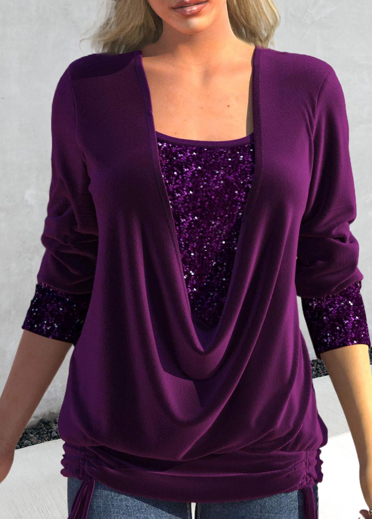 Purple Sequin Long Sleeve Square Neck T Shirt