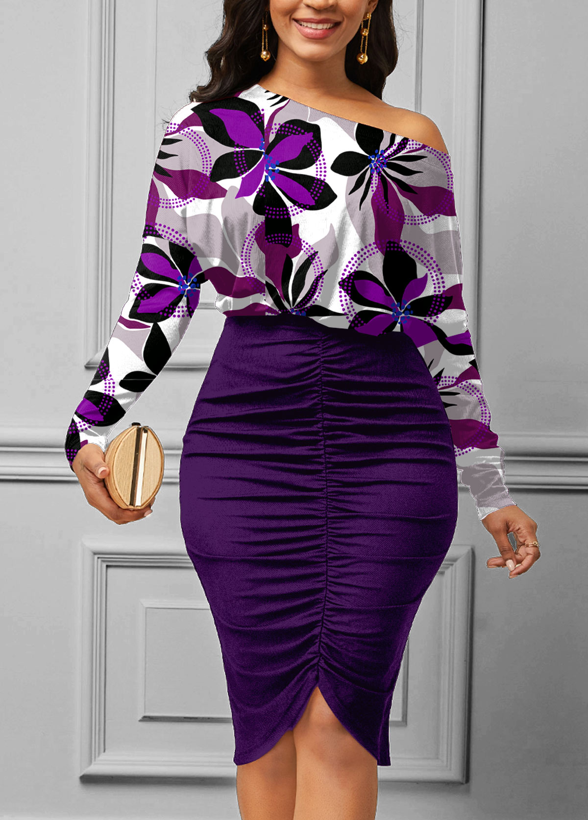 Purple Shirred Floral Print Bodycon Dress