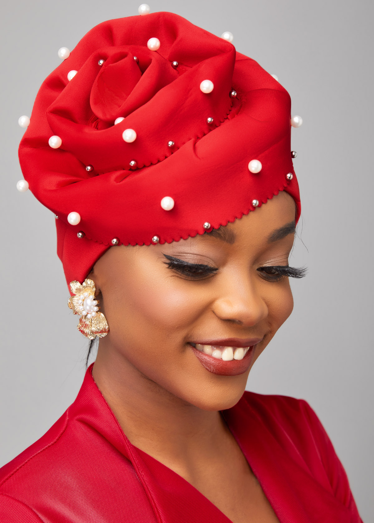 Red Pearl Floral Design Turban Hat
