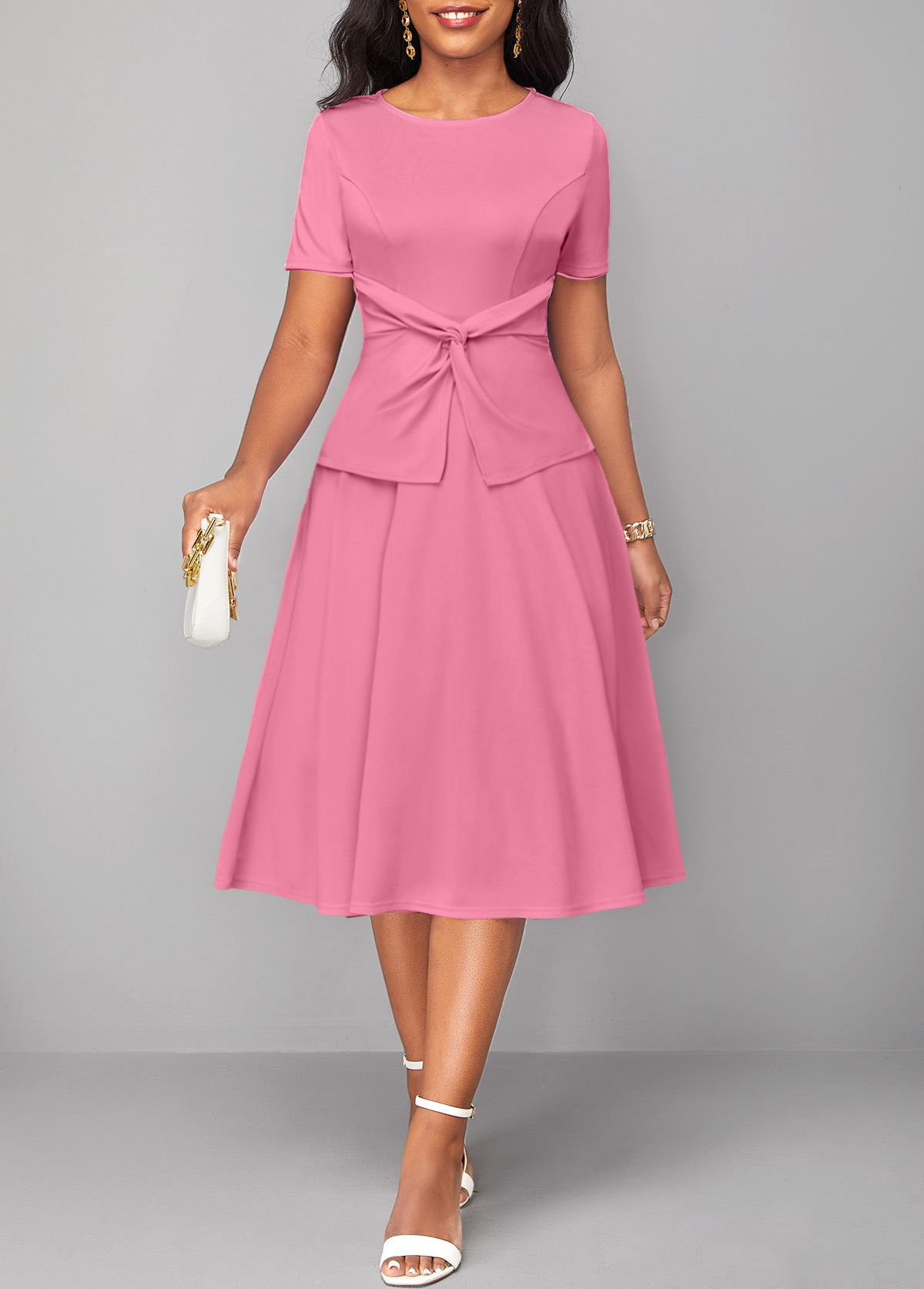 Pink Twist Short Sleeve Round Neck Dress