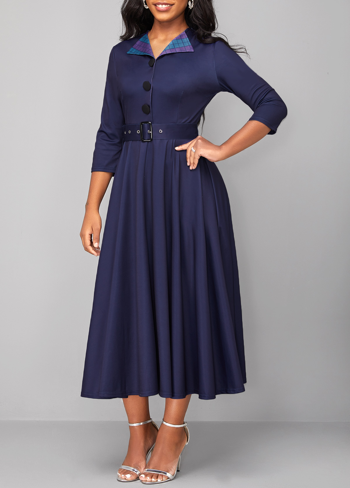 Navy Button Turn Down Collar Plaid Belted Dress