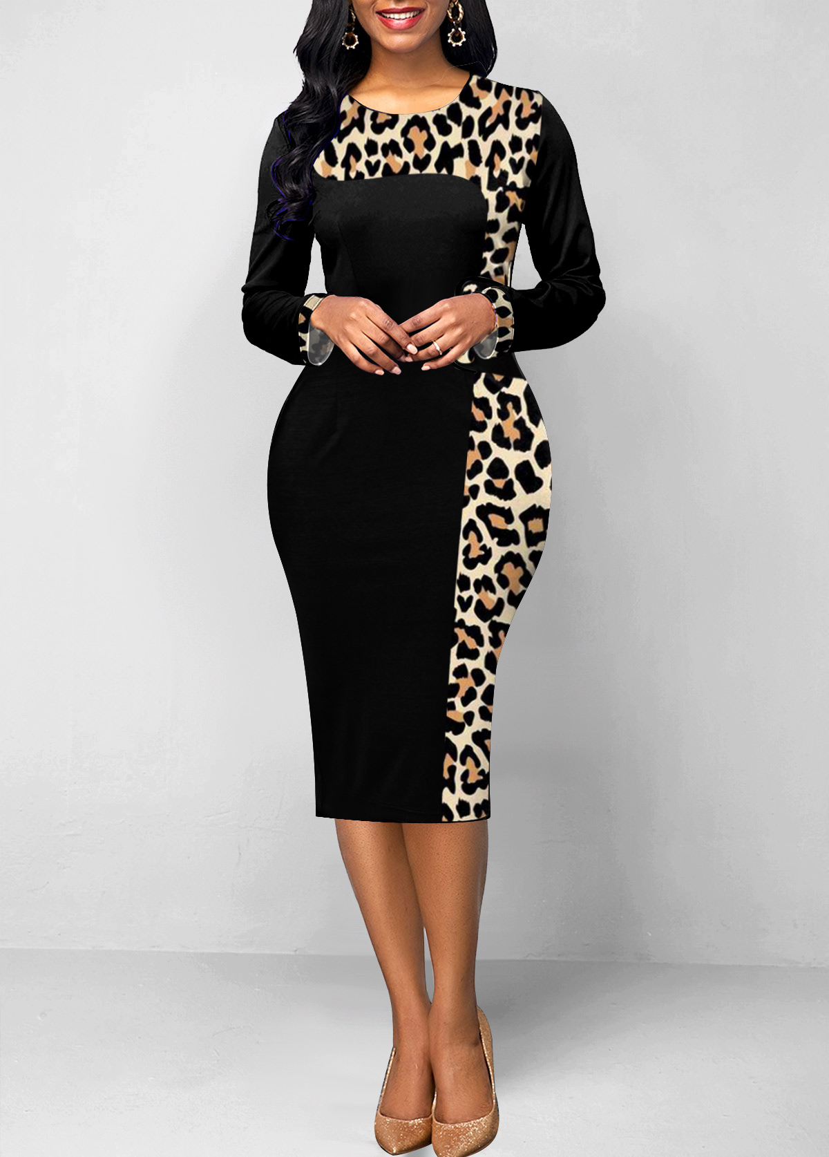 Black Patchwork Leopard Long Sleeve Bodycon Dress