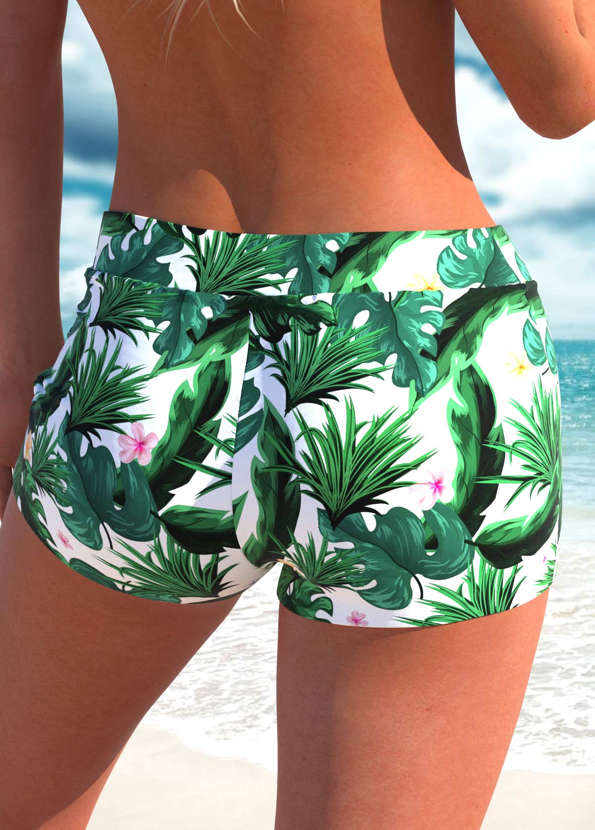 High Waisted Tropical Plants Print Green Swim Shorts