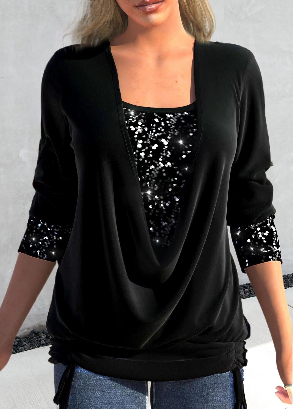 Black Sequin Long Sleeve Square Neck T Shirt