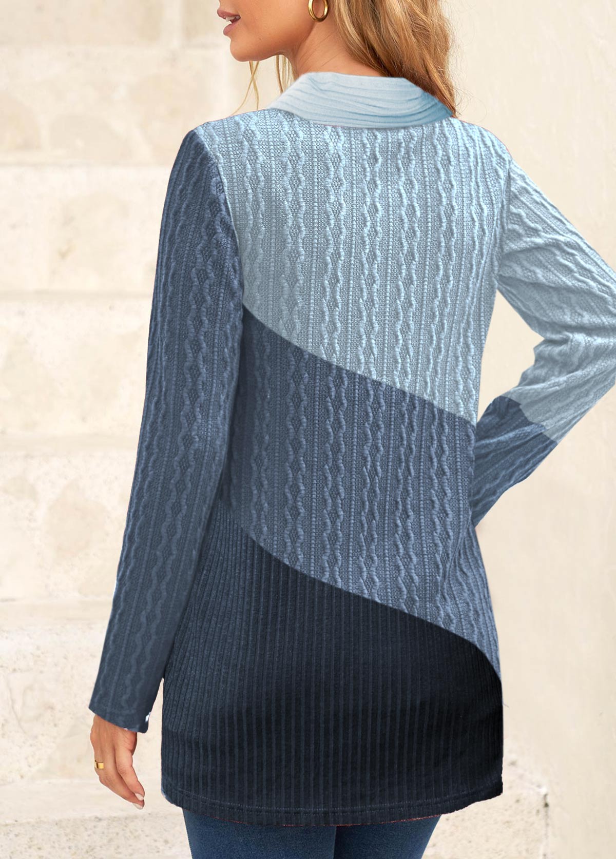 Blue Patchwork Long Sleeve V Neck Sweatshirt