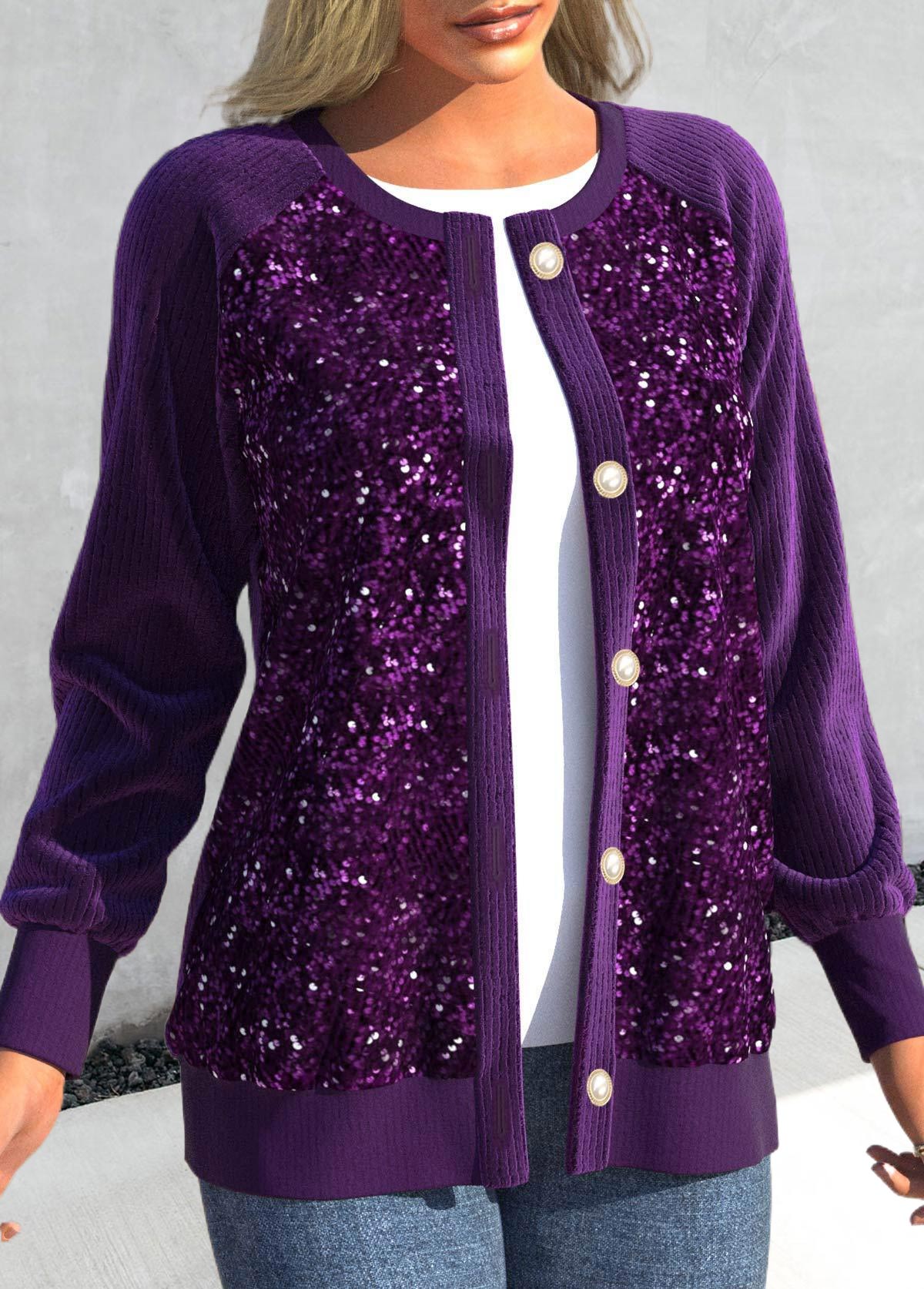 Dark Purple Sequin Long Sleeve Round Neck Cardigan