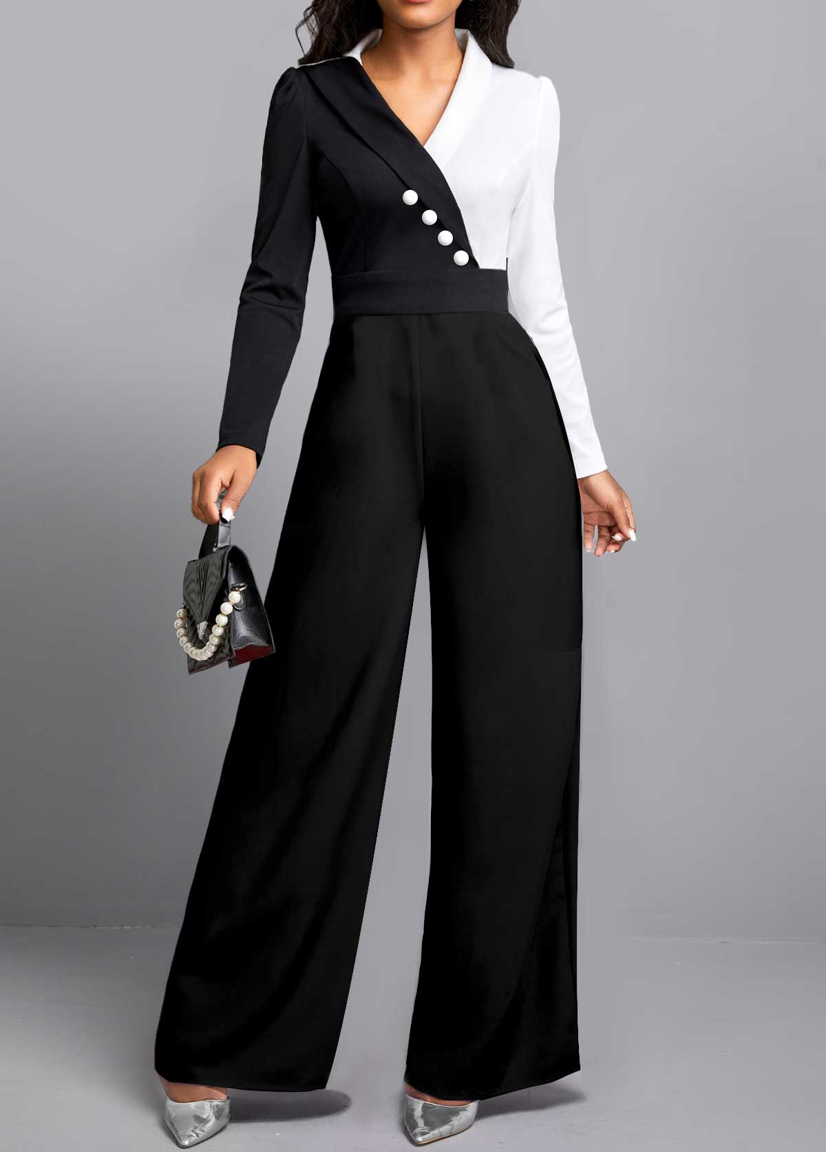 Black Button Contrast Long Sleeve Jumpsuit