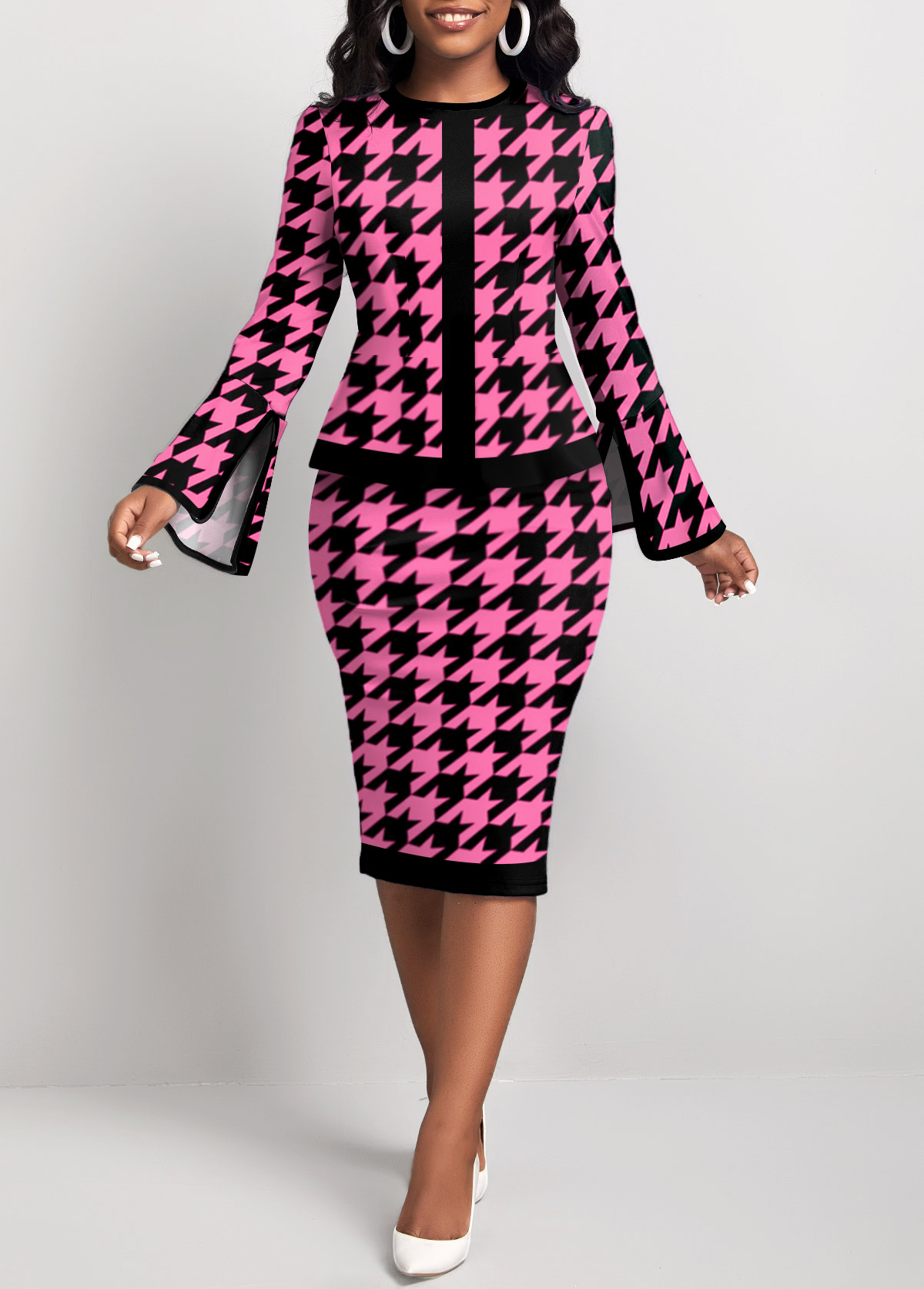 Hot Pink Two Piece Houndstooth Print Top and Skirt