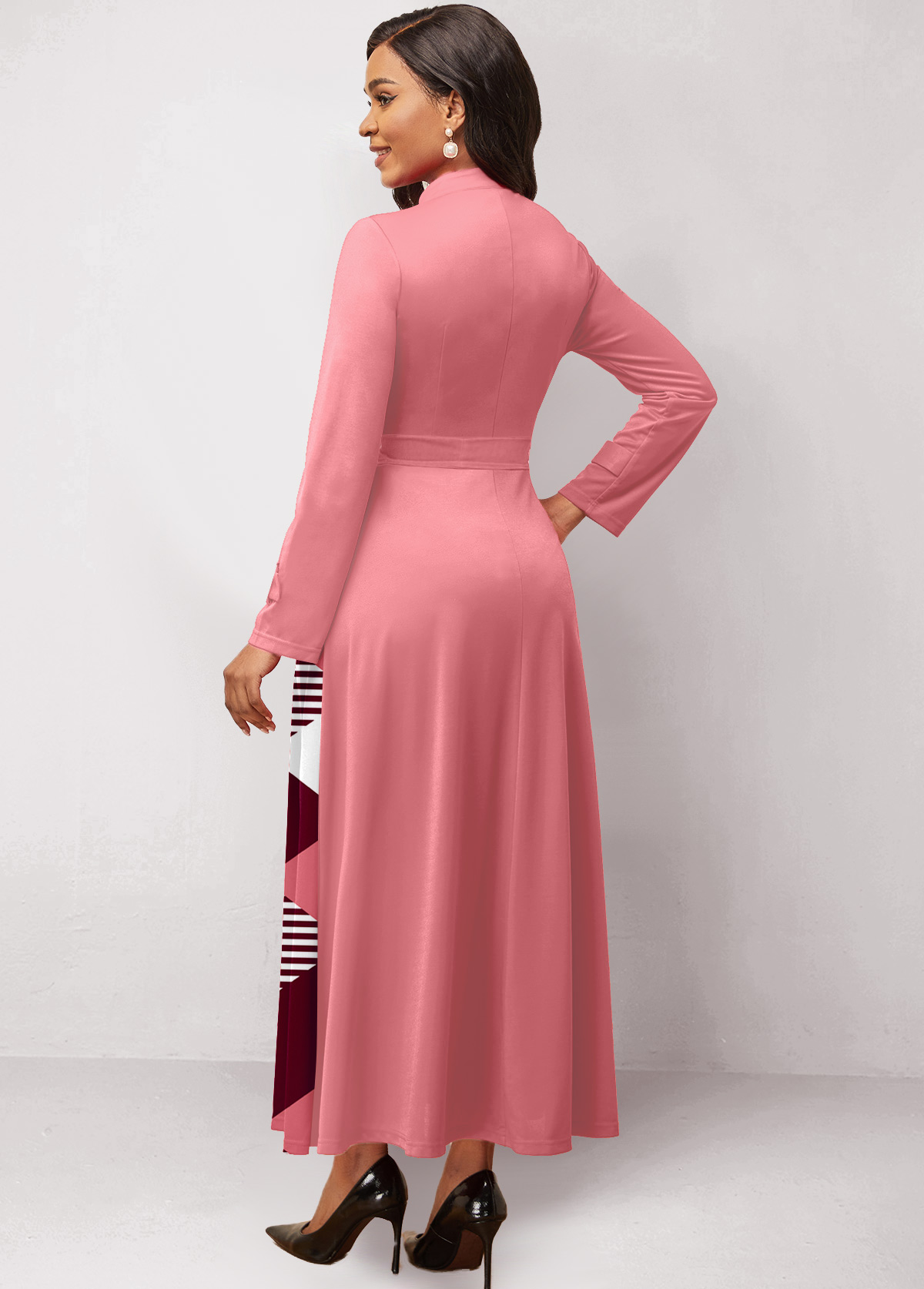 Pink Patchwork Geometric Print Belted Maxi Dress
