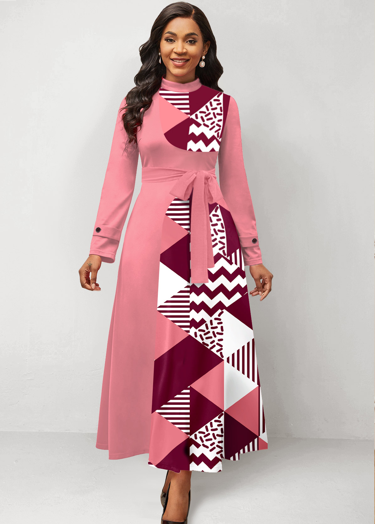 Pink Patchwork Geometric Print Belted Maxi Dress