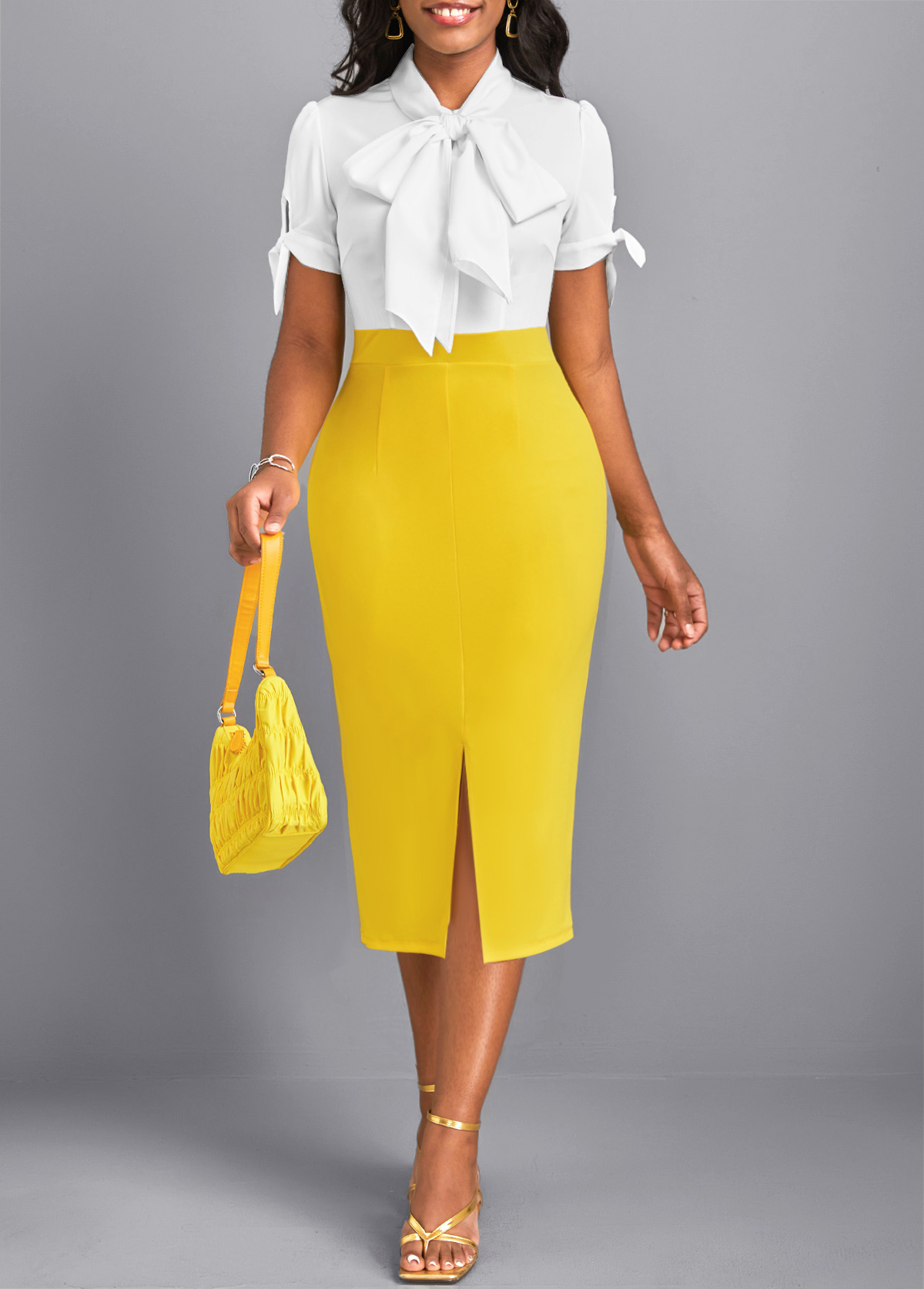 Yellow Split Short Sleeve Tie Collar Bodycon Dress