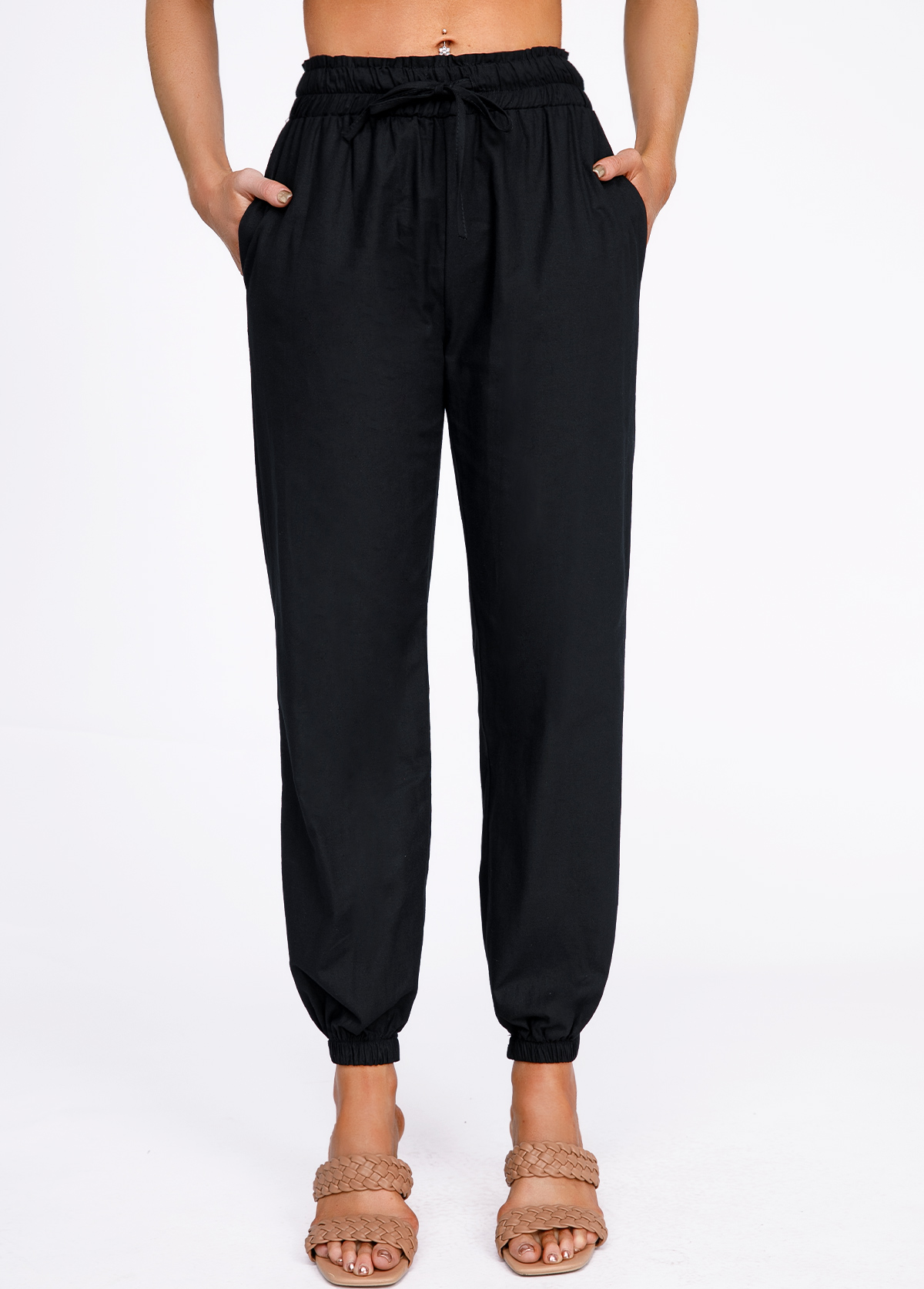 Black Drawstring Belted High Waisted Pants