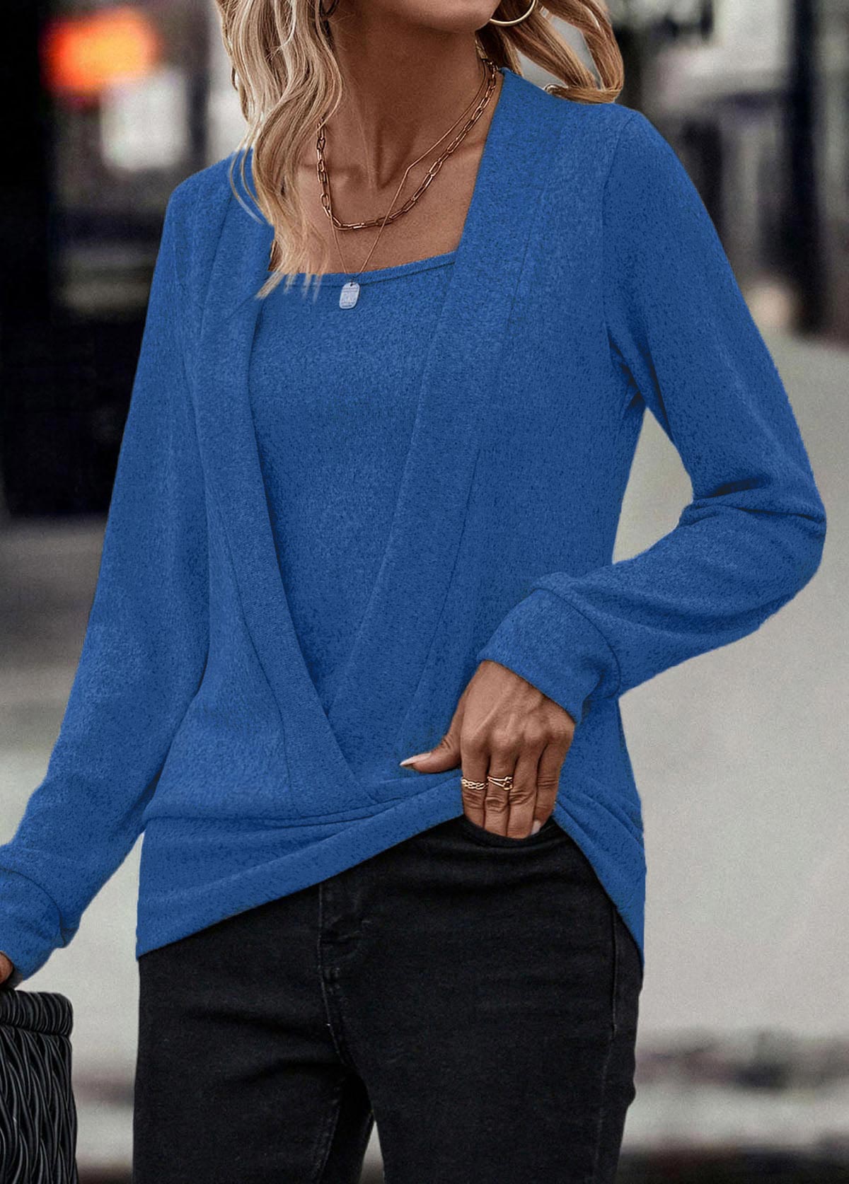 Dark Blue Fake 2in1 Long Sleeve Sweatshirt