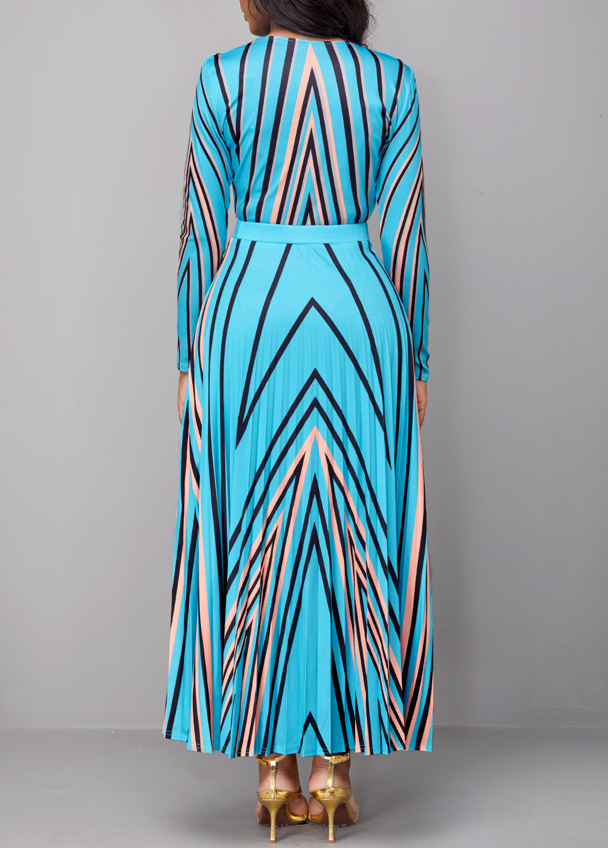Light Blue Pleated Geometric Print Maxi Dress