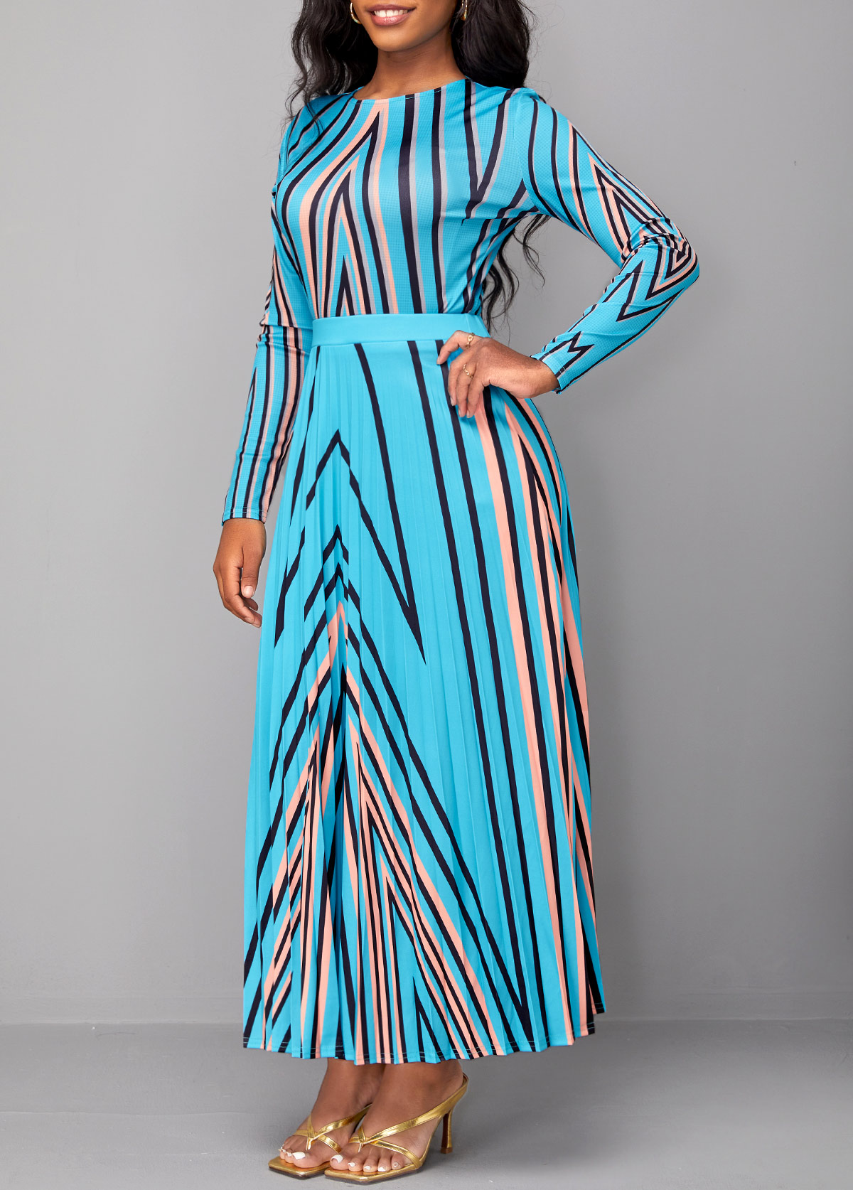 Light Blue Pleated Geometric Print Maxi Dress